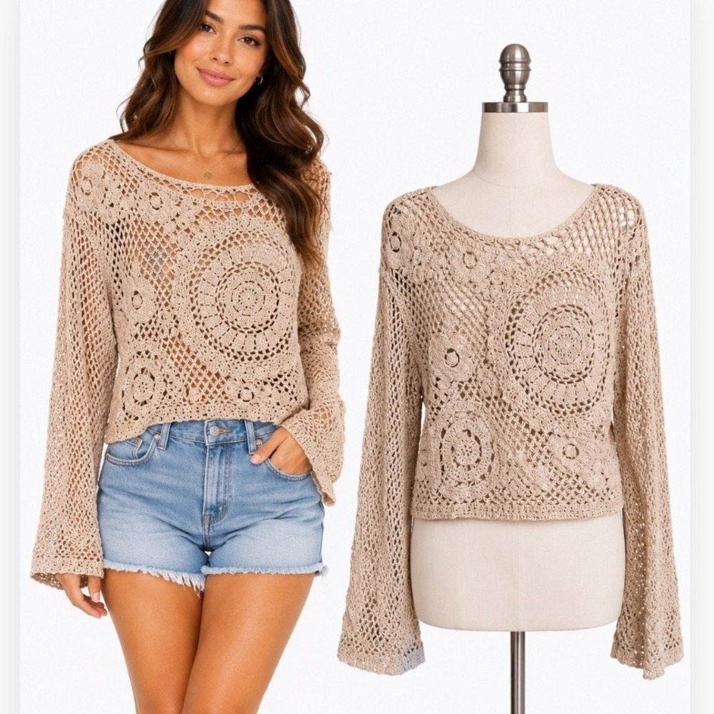 New Me Crochet Knit Top Women M/L Natural Floral Long Sleeve Boho Y2k Festival